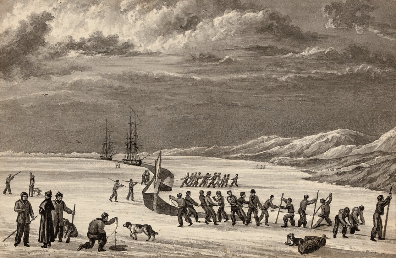 William Parry hadnagy első útja: A H.M.S. Hecla és a H.M.S. Griper legénysége bevágott a Winter Harbourba, 1819 körül alkotó: English School