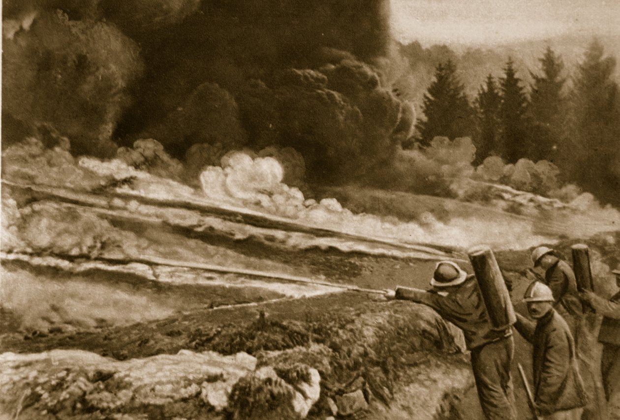 Folyékony tűz, először a németek alkalmazták, a szövetségesek sikeresen átvették, 1914-1919 alkotó: English School