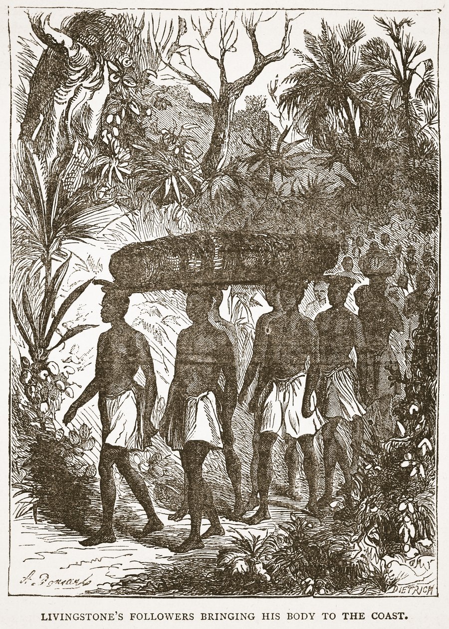 Livingstones követői elhozzák a testét a tengerpartra, illusztráció a The Pictorial Edition of the Life and Discoveries of David Livingstone-ból, J. Ewing Richie, pub. A. Fullarton & Co., 1876 (l alkotó: English School