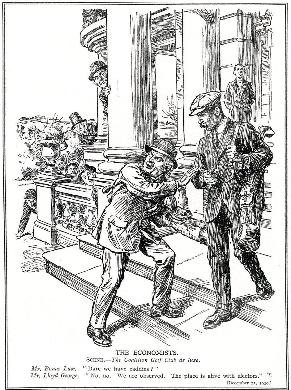 Lloyd George-nak és Bonar Lawnak a Coalition Golf Clubban, akik félnek az Anti-Waste ligától, le kell mondaniuk a caddie-k luxusáról. 1920 decembere alkotó: English School