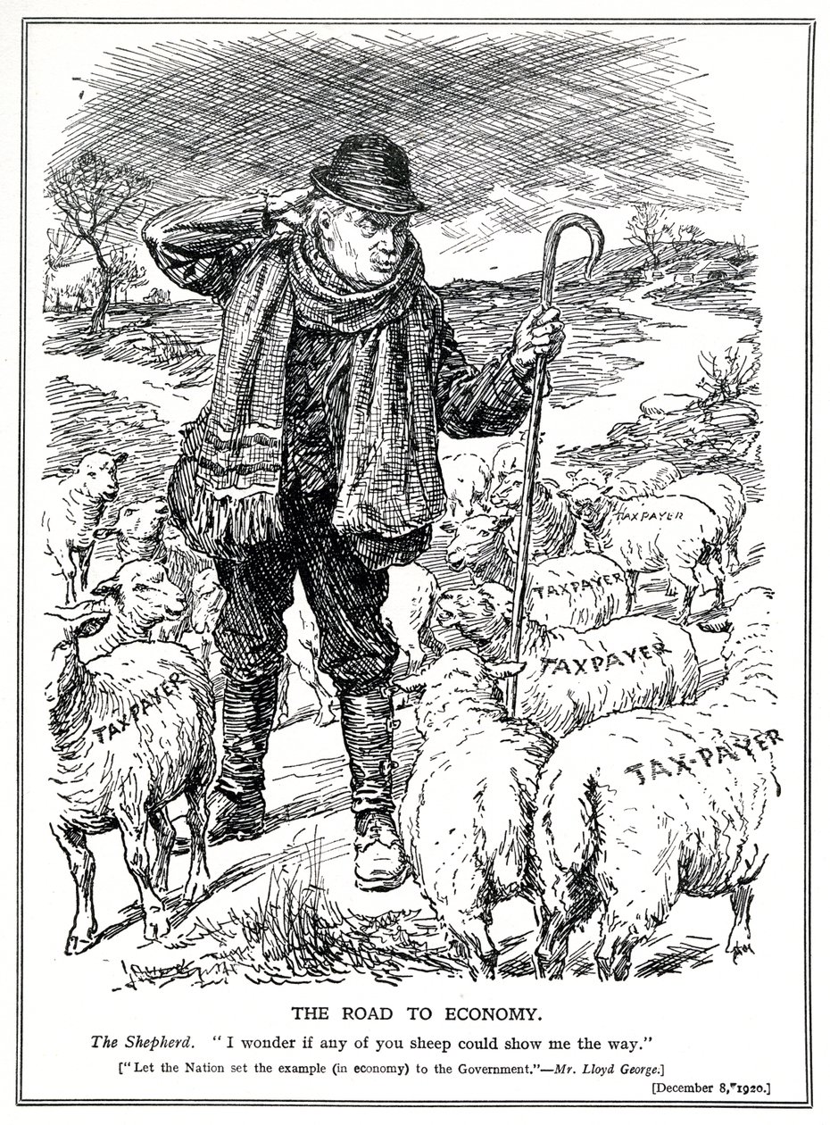 Lloyd George, mint Nagy-Britannia pásztora arra kéri az adófizetőket (birkák), hogy vezessék a gazdaság fellendülését, 1920. december alkotó: English School