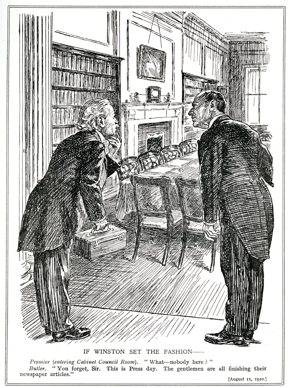Lloyd George belép egy kabinetszobába, ahol nincsenek miniszterek, akik cikkeket írnak az újságokba, 1920. augusztus alkotó: English School