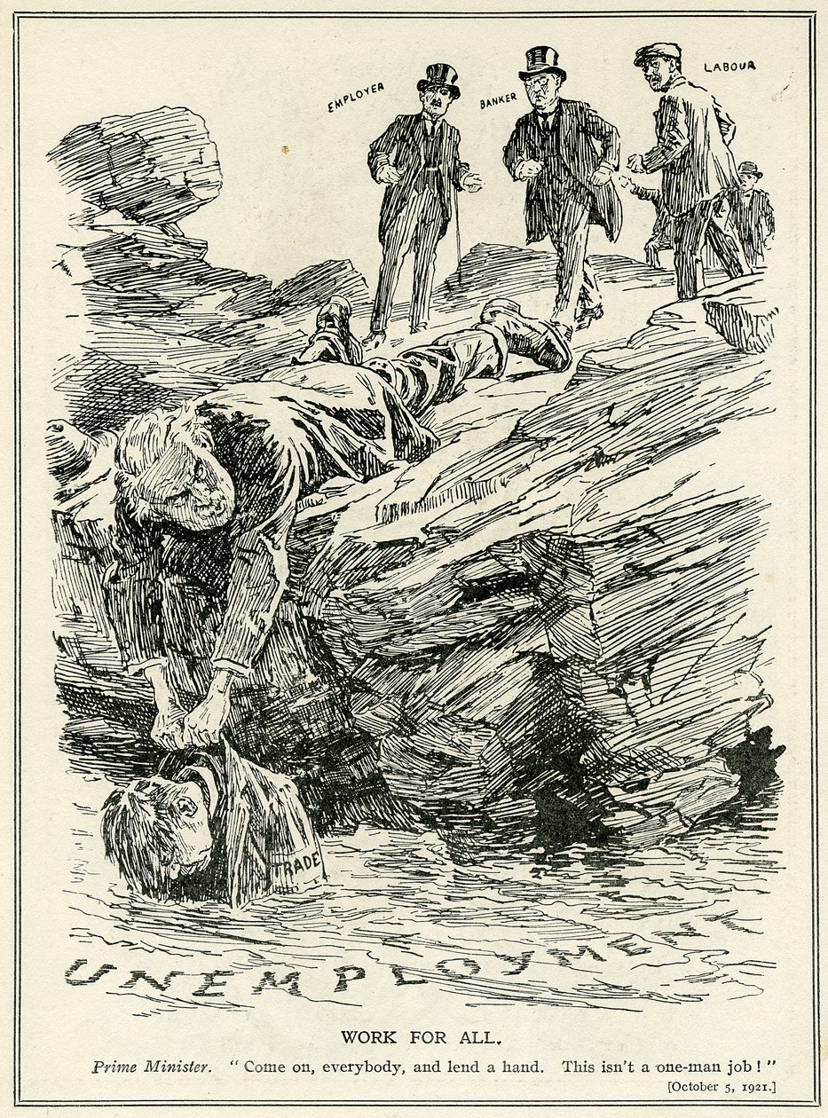Lloyd George azt mondja a munkaadóknak, bankároknak és munkásoknak, hogy működjenek együtt a munkanélküliség legyőzése érdekében, 1921 alkotó: English School