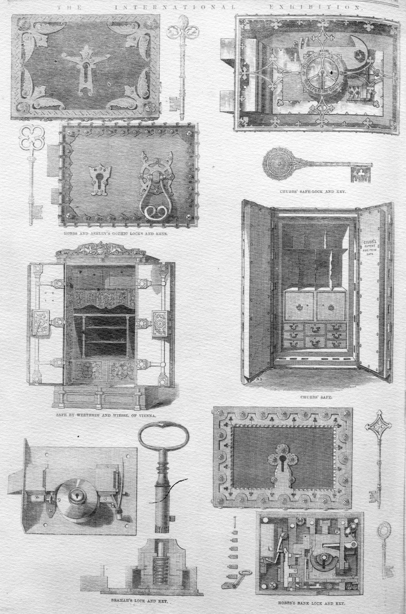 Zárak és széfek az 1862-es Nagy Kiállításon, illusztráció a The Illustrated London Newsból, 1862. november 15. alkotó: English School