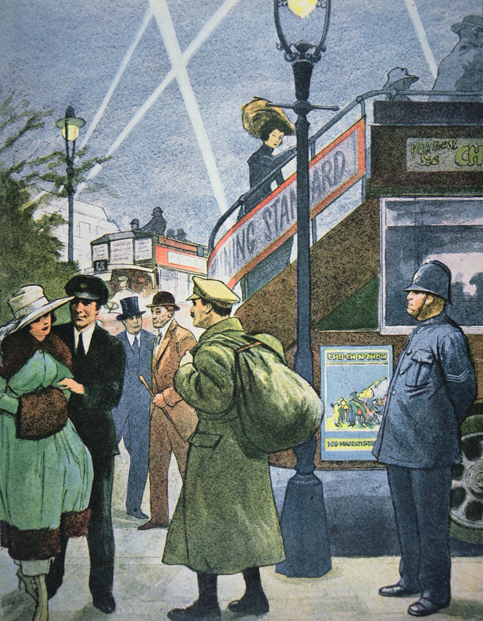 Londoni utcakép az első világháborúban, katona szabadságon, 1914-1918 körül (színes litó) alkotó: English School
