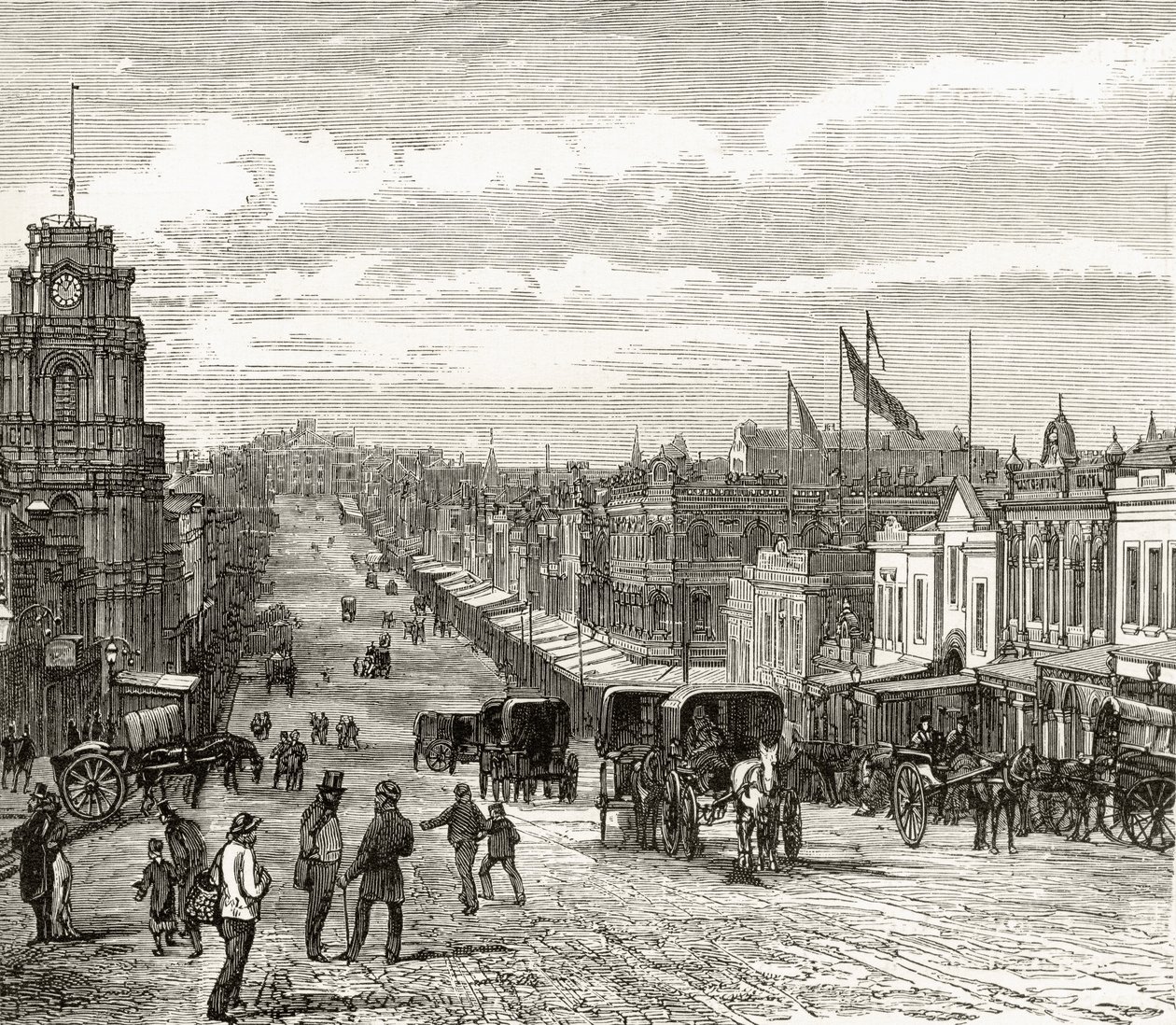 Keletre nézve a Bourke Streeten, Melbourne, 1880 körül, Howard Willoughby „Australian Pictures” című filmjéből, a Religious Tract Society, London, 1886 alkotó: English School