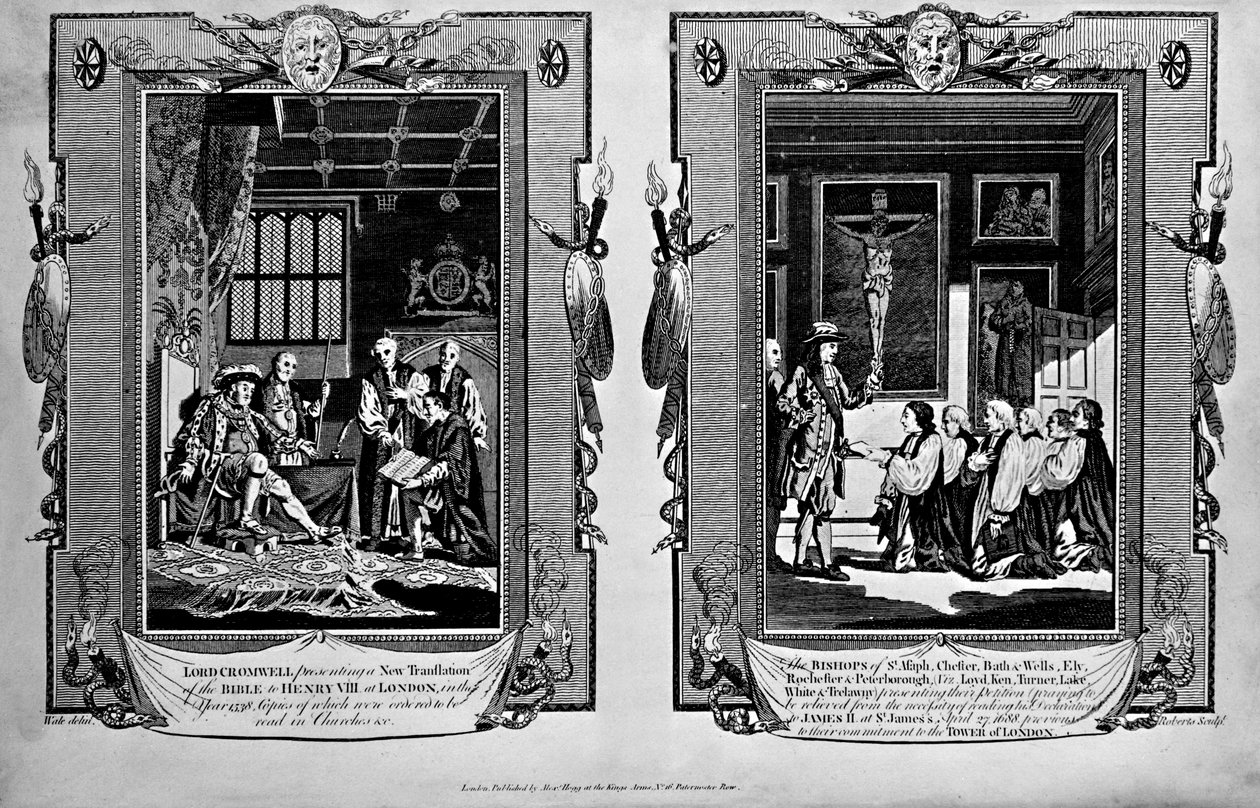 Lord Cromwell bemutatja a Bibliát VIII. Henriknek és a püspököknek, akik 1688-ban petíciót nyújtanak be II. Jakabhoz, Paul Wright „A vértanúk új és teljes könyvéből” alkotó: English School