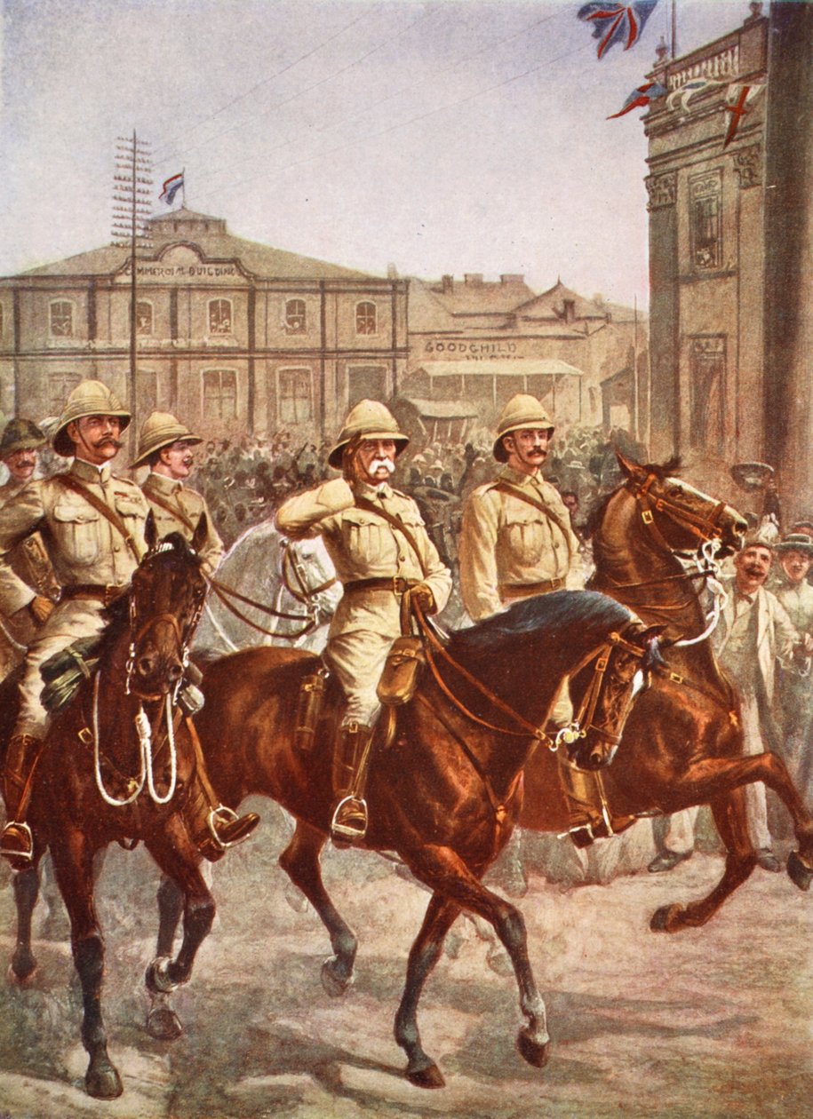 Lord Roberts belép Kimberley városába a négy hónapos búr ostrom sikeres enyhülését követően, illusztráció a Hutchinsons Story of the British Nationből, 1920 körül, illusztráció a Hutchinsons S-től alkotó: English School