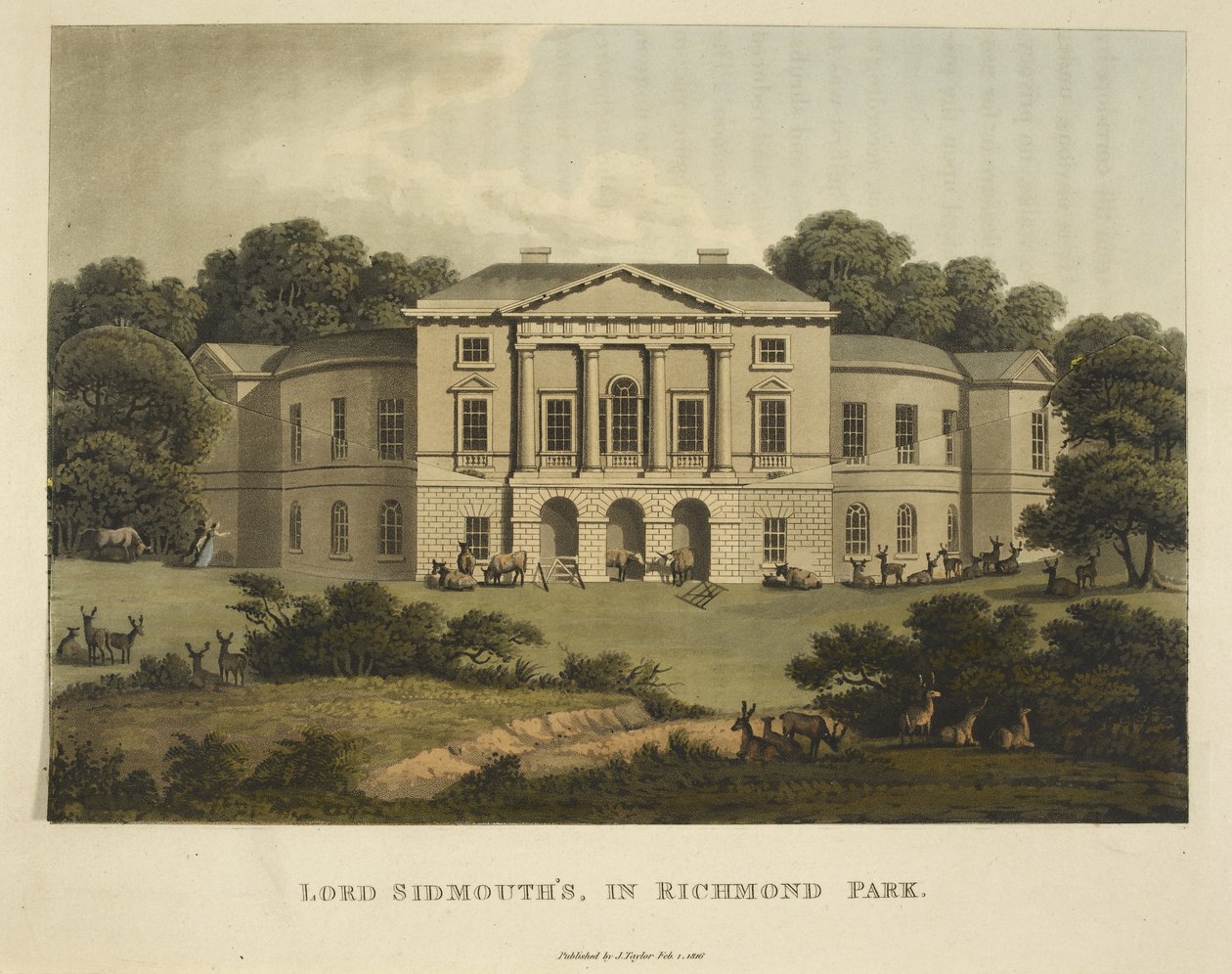 Lord Sidmouth a Richmond Parkban, a "Fragments on the Theory and Practice of Landscape Gardening, beleértve néhány megjegyzést a görög és gótikus építészetről, Humphry Repton segítségével" című könyvéből. alkotó: English School