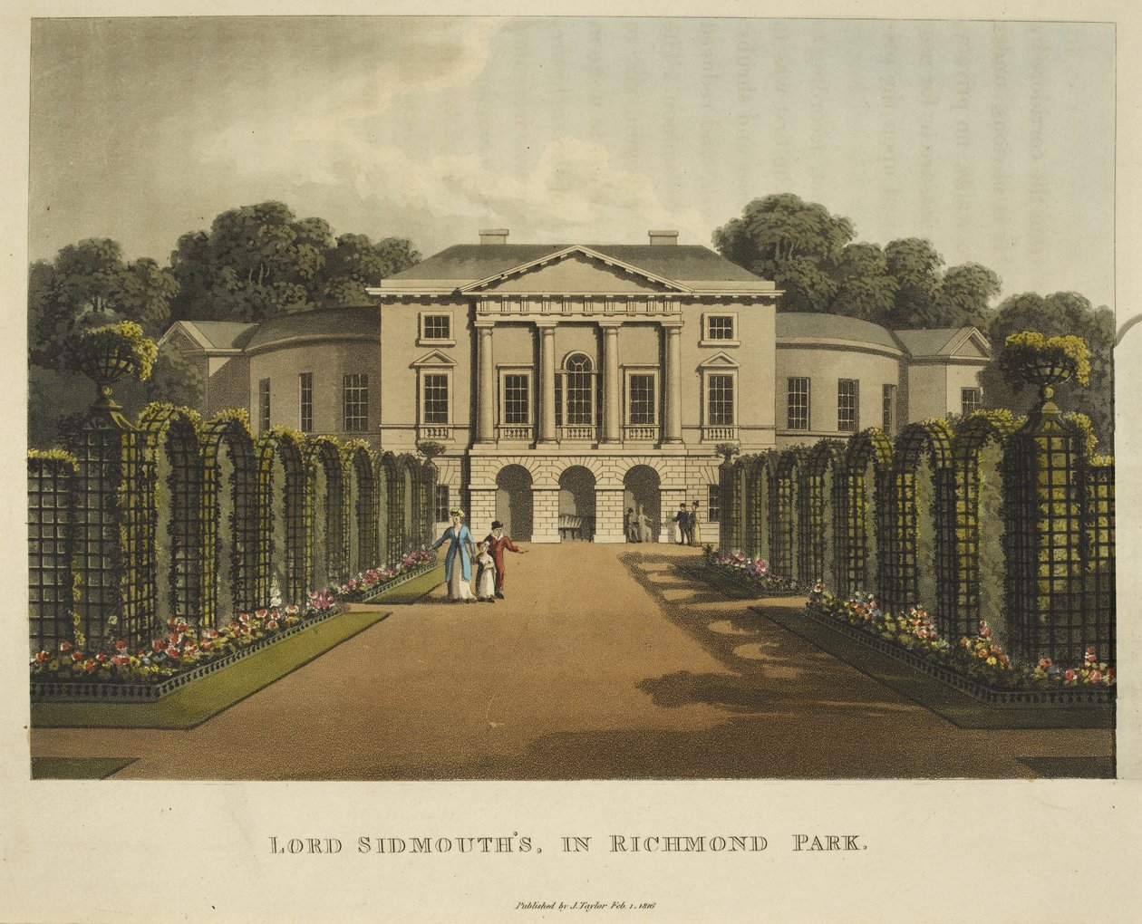 Lord Sidmouth a Richmond Parkban, a "Fragments on the Theory and Practice of Landscape Gardening, beleértve néhány megjegyzést a görög és gótikus építészetről, Humphry Repton segítségével" című könyvéből. alkotó: English School