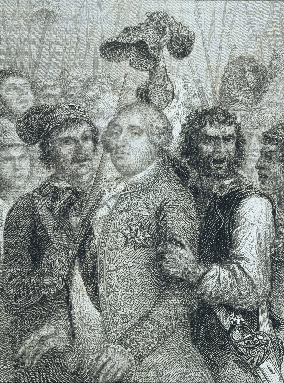XVI. Lajos (1754-93), Franciaország királya, a nép által a Tuileriák palotájából elhurcolva 1792. június 20-án. alkotó: English School