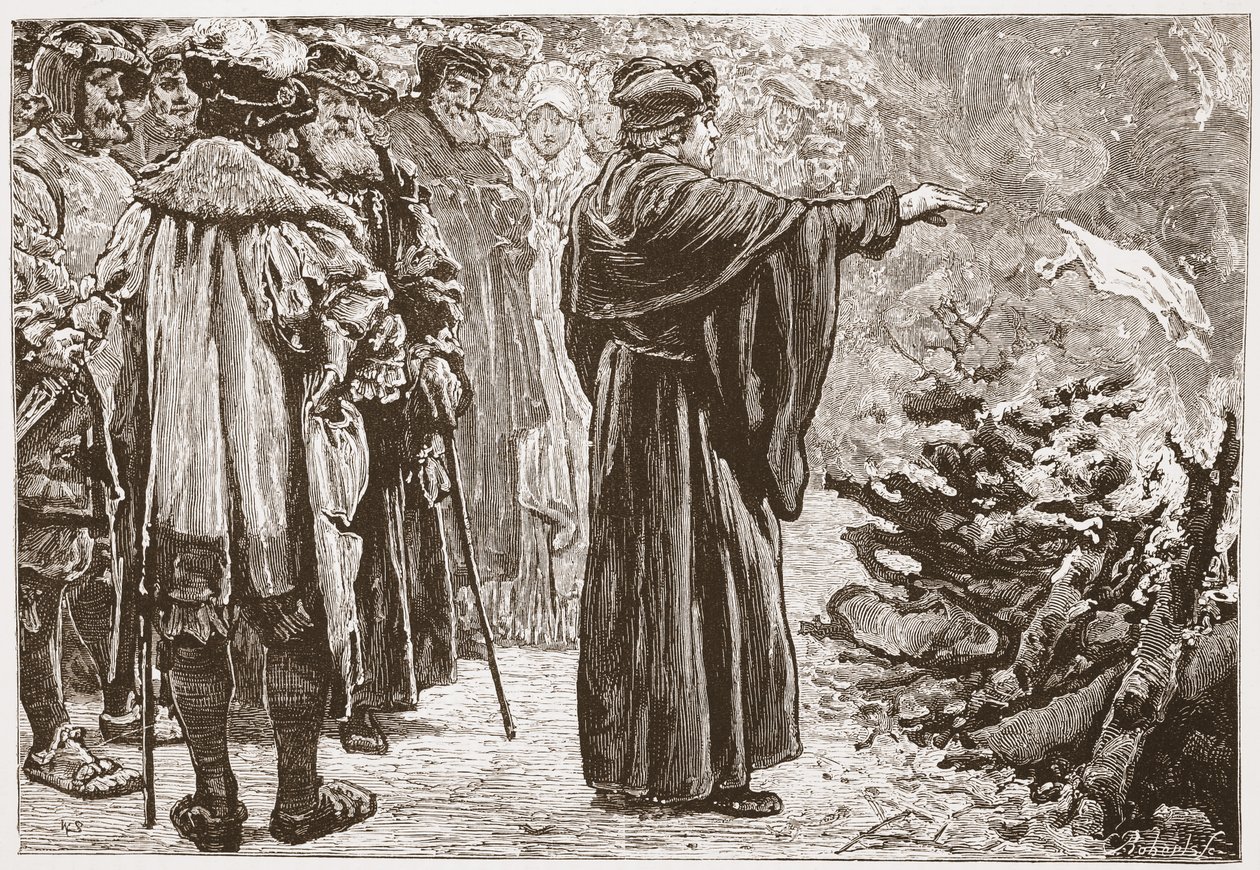 Luther Burning the Popes Bull, illusztráció: A protestantizmus története, James Aitken Wylie (1808-1890), pub. 1878 alkotó: English School