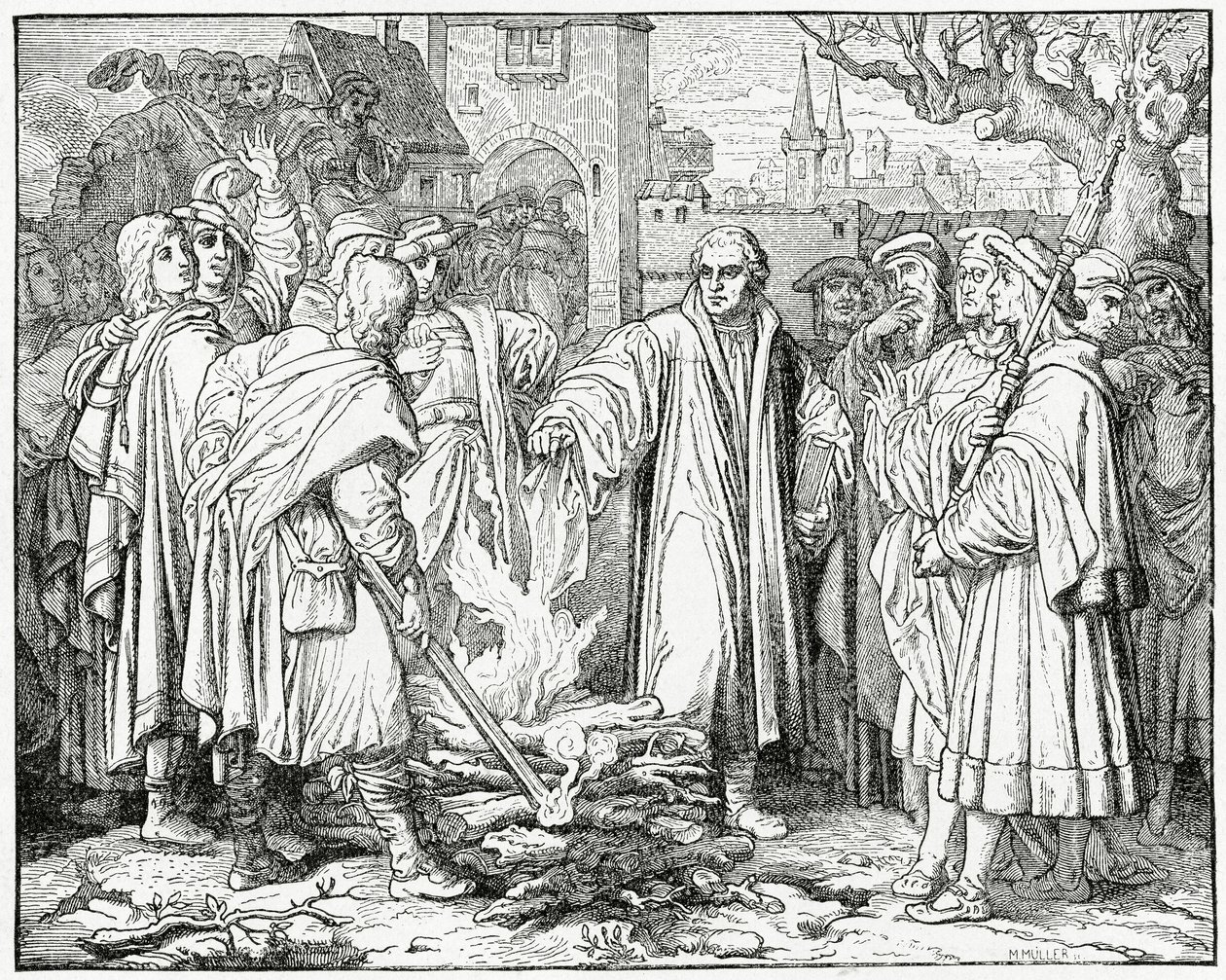 Luther Burns the Popes bullát 1520-ban, 1882-ben alkotó: English School