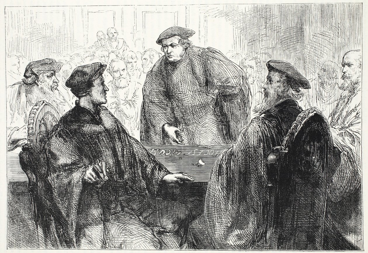 Luther és Zwingle Marburgban tárgyal, illusztráció: James Aitken Wylie (1808-1890) A protestantizmus története című könyvéből, pub. 1878 alkotó: English School