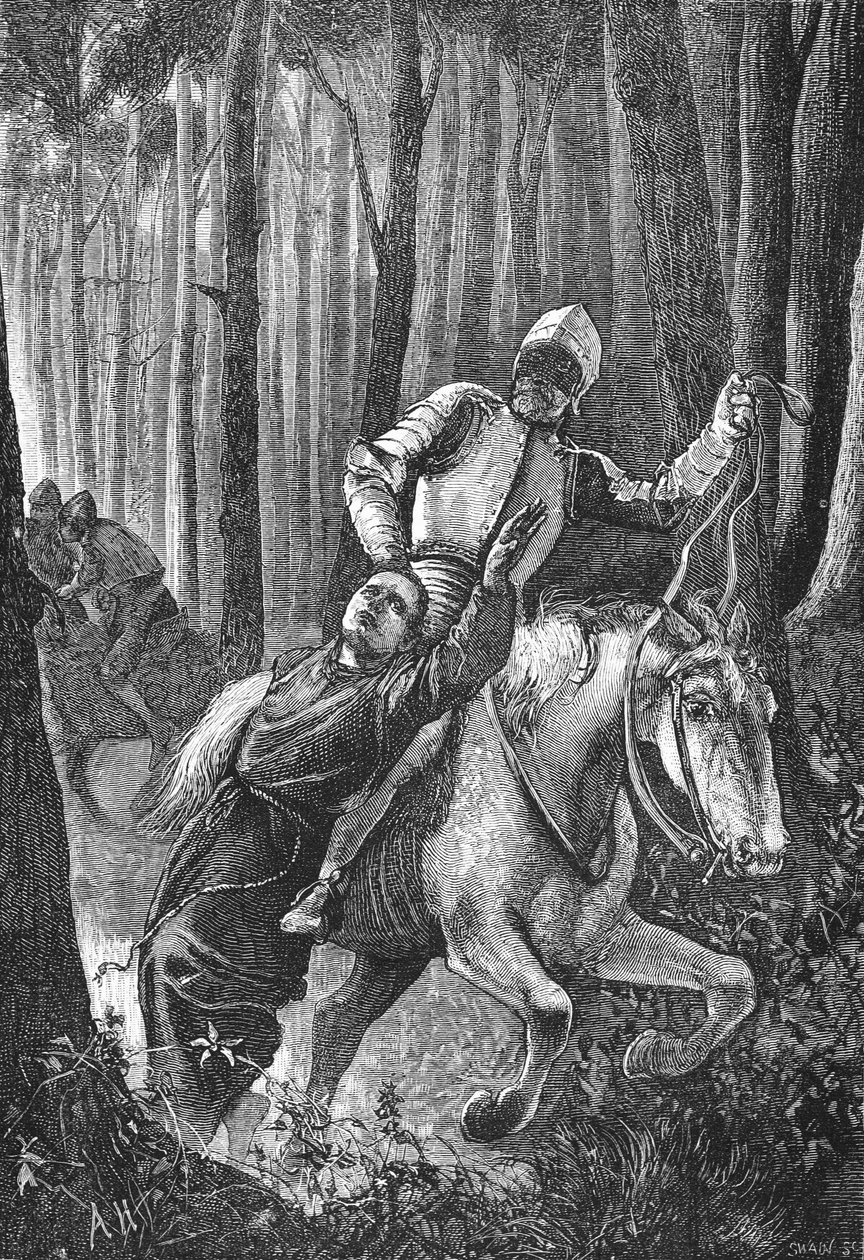 Luthert álarcos lovasok támadták meg a türingiai erdőben, illusztráció: James Aitken Wylie (1808-1890) A protestantizmus története című könyvéből, pub. 1878 alkotó: English School
