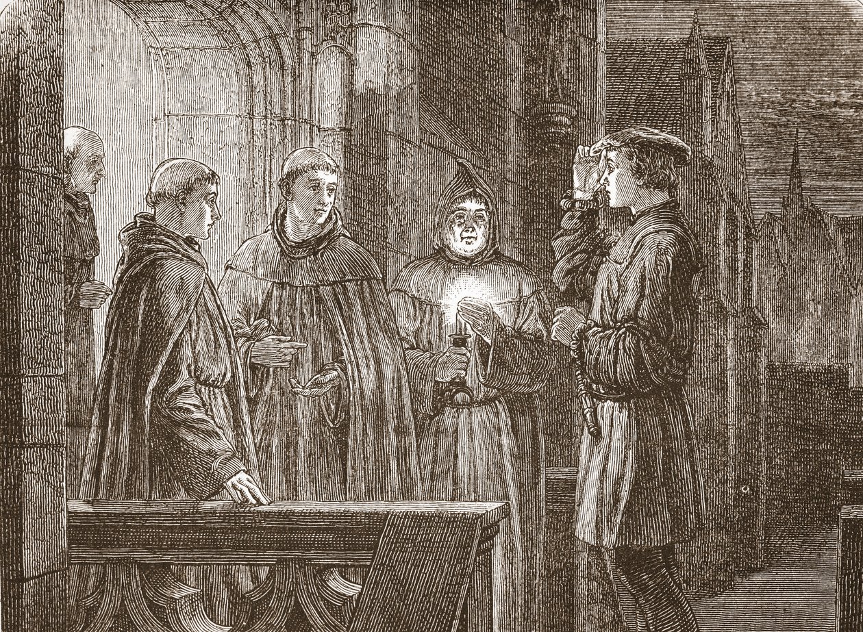 Luther belép az Ágoston-rendi kolostorba, illusztráció: James Aitken Wylie (1808-1890) A protestantizmus története című könyvéből, pub. 1878 alkotó: English School