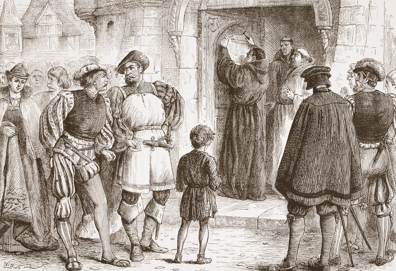 Luther a téziseit a wittembergi Schloss-Kirk ajtajára szögezi, illusztráció: James Aitken Wylie (1808-1890), kocsma: A protestantizmus története. 1878 alkotó: English School