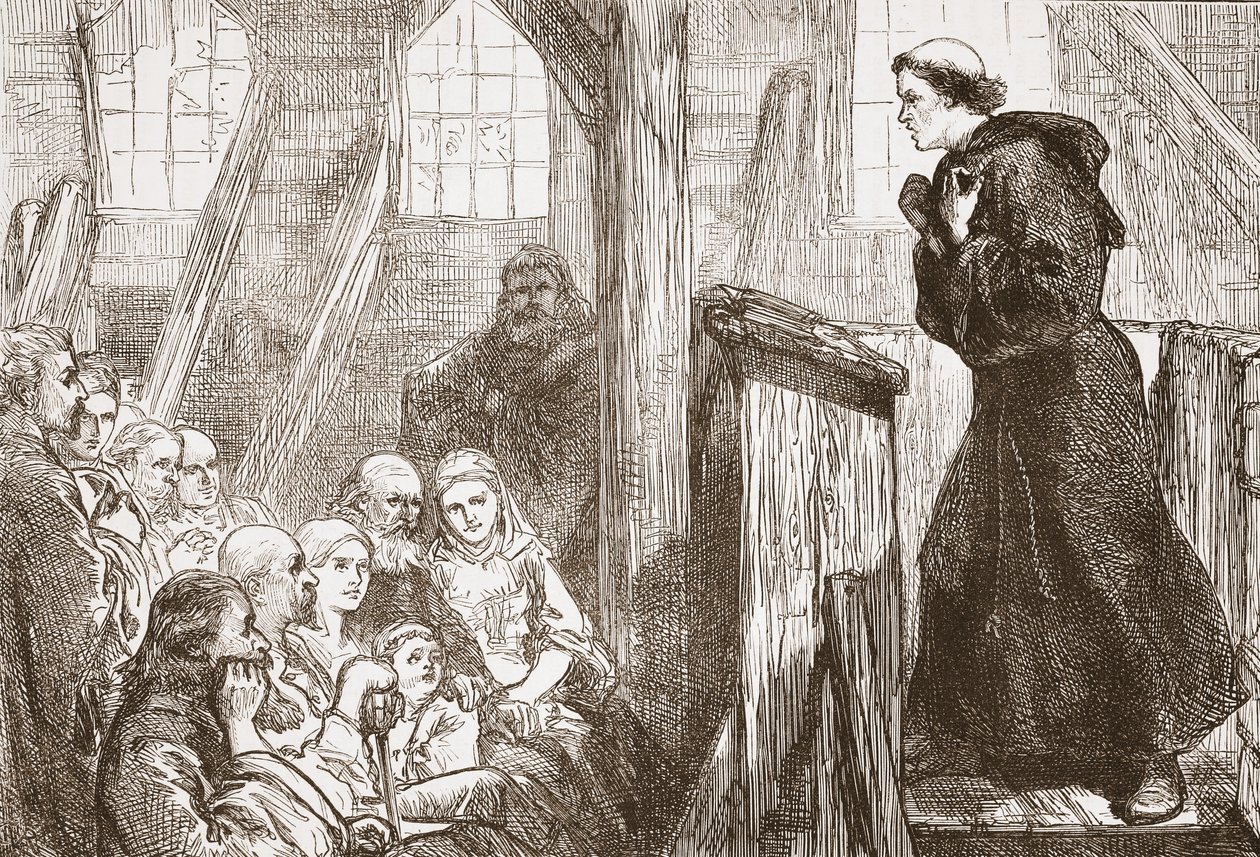 Luther prédikál a wittenbergi régi fatemplomban, illusztráció: James Aitken Wylie (1808-1890) A protestantizmus története című könyvéből, kocsma. 1878 alkotó: English School