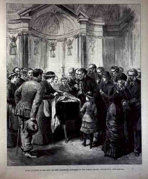 Államban fekszik Lord Frederick Cavendish (1836-82) teste a Chatsworth-i Family Chapel-ben, a The Illustrated London Newsból, 1882. május 20. alkotó: English School