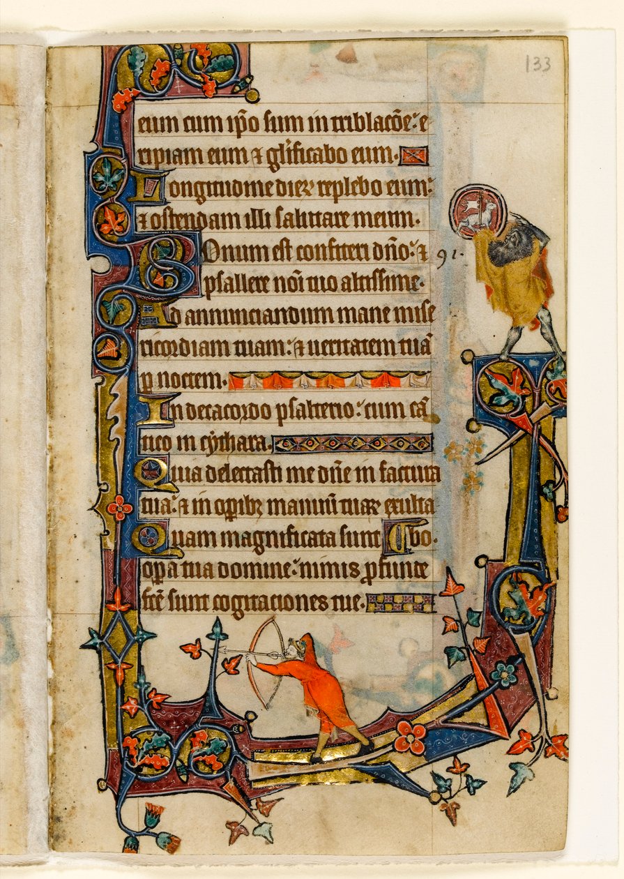 MS 1-2005, fol. 133r: Egy íjász és Keresztelő Szent János, marginális díszítés a Macclesfield Zsoltárból, Sarum használata, East Anglia, 1330 körül alkotó: English School