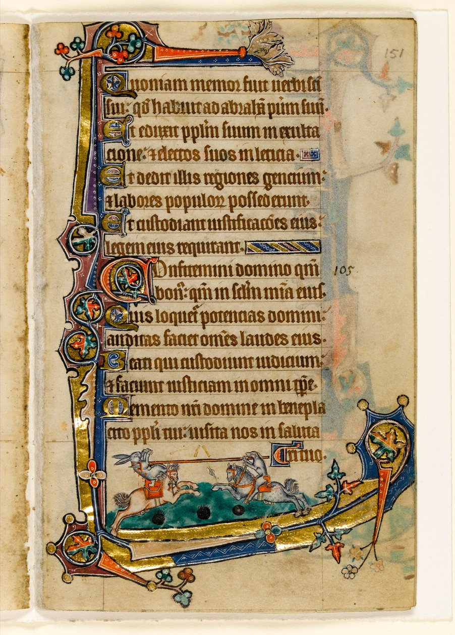 MS 1-2005, fol. 151r: A Hound and Rabbit Jousting, marginális díszítés a Macclesfield Zsoltárból, Use of Sarum, East Anglia, 1330 körül alkotó: English School