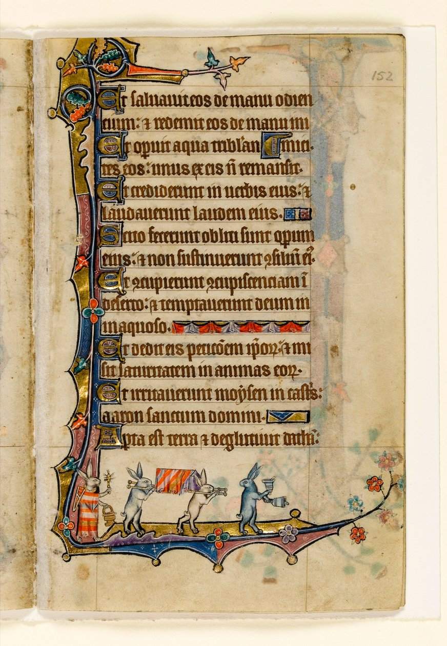 MS 1-2005, fol. 152r: Nyúl temetési körmenet, szélső díszítés a Macclesfield Zsoltárból, Sarum használata, East Anglia, 1330 körül alkotó: English School