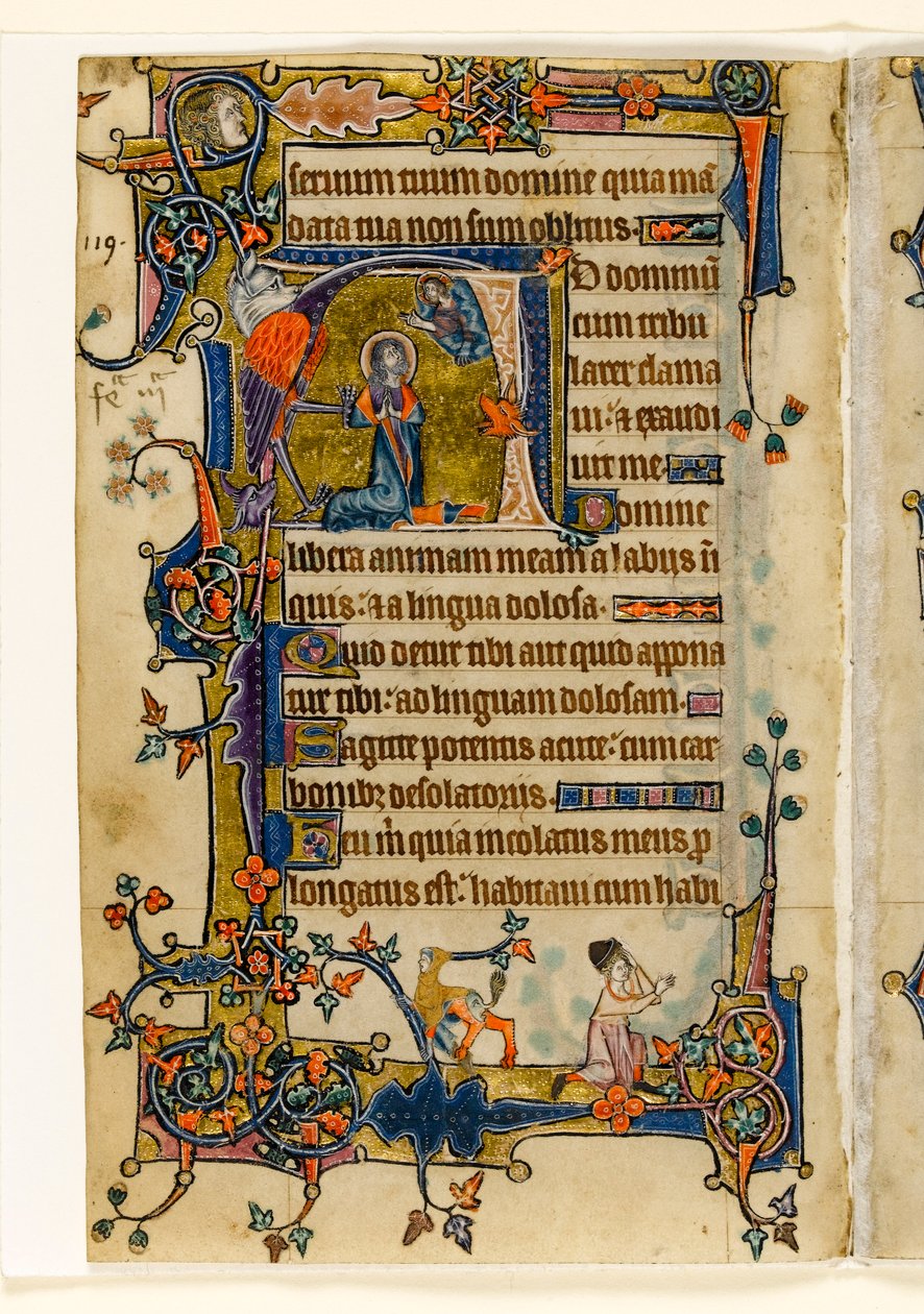 MS 1-2005, fol. 182v: David Praying, történetíró kezdőbetűje a Macclesfield Psalterből, Use of Sarum, East Anglia, 1330 körül alkotó: English School