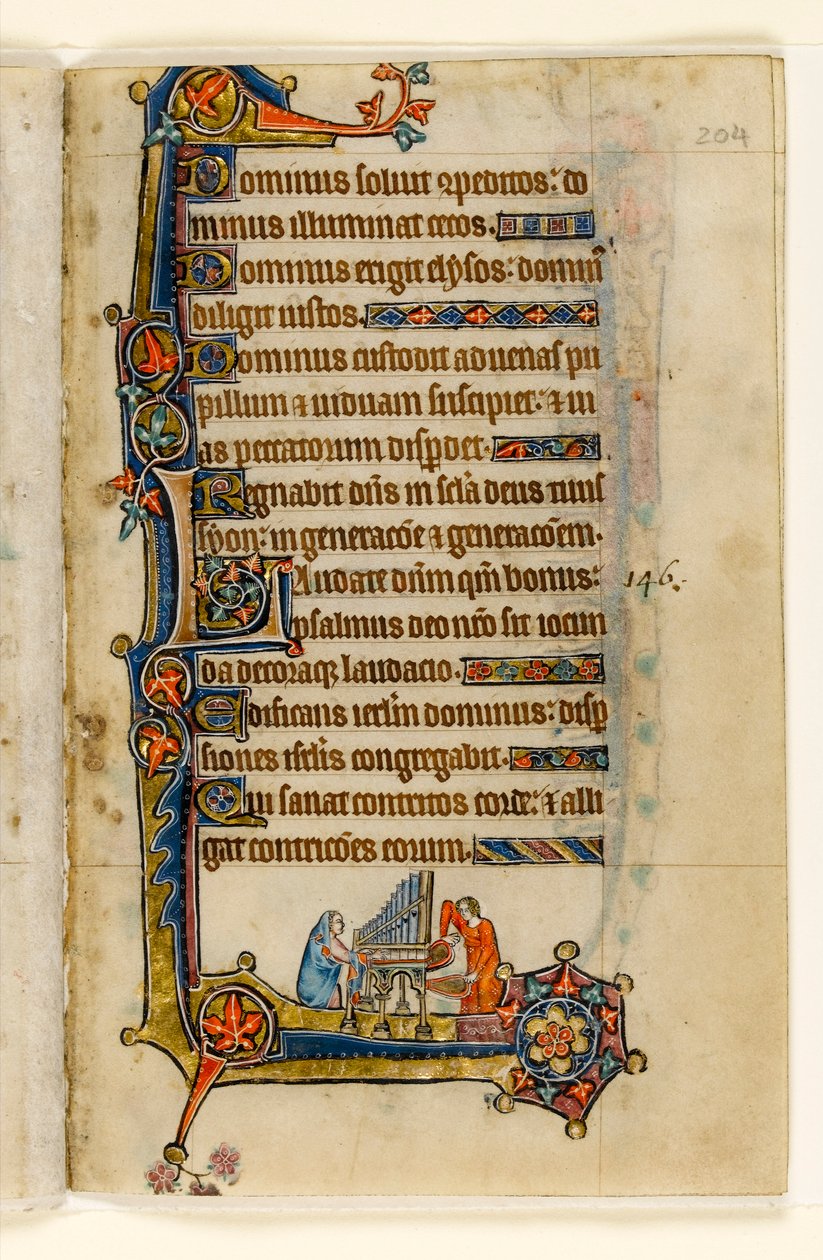 MS 1-2005, fol. 204r: Orgonajáték, marginális díszítés a Macclesfield Zsoltárból, Sarum használata, East Anglia, 1330 körül alkotó: English School