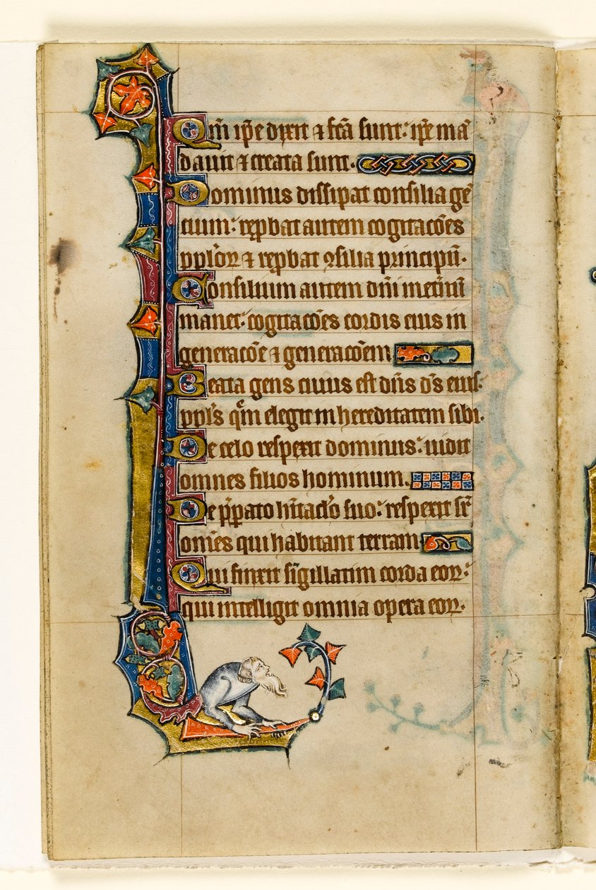 MS 1-2005, fol. 47v: Groteszk, marginális díszítés a Macclesfield Zsoltárból, Use of Sarum, East Anglia, 1330 körül alkotó: English School