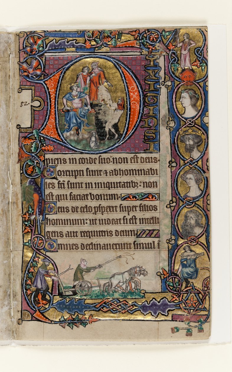 MS 1-2005, fol. 77r: Dávid és a bolond, történetírás kezdőbetűje a Macclesfield Zsoltárból, Sarum használata, East Anglia, 1330 körül alkotó: English School