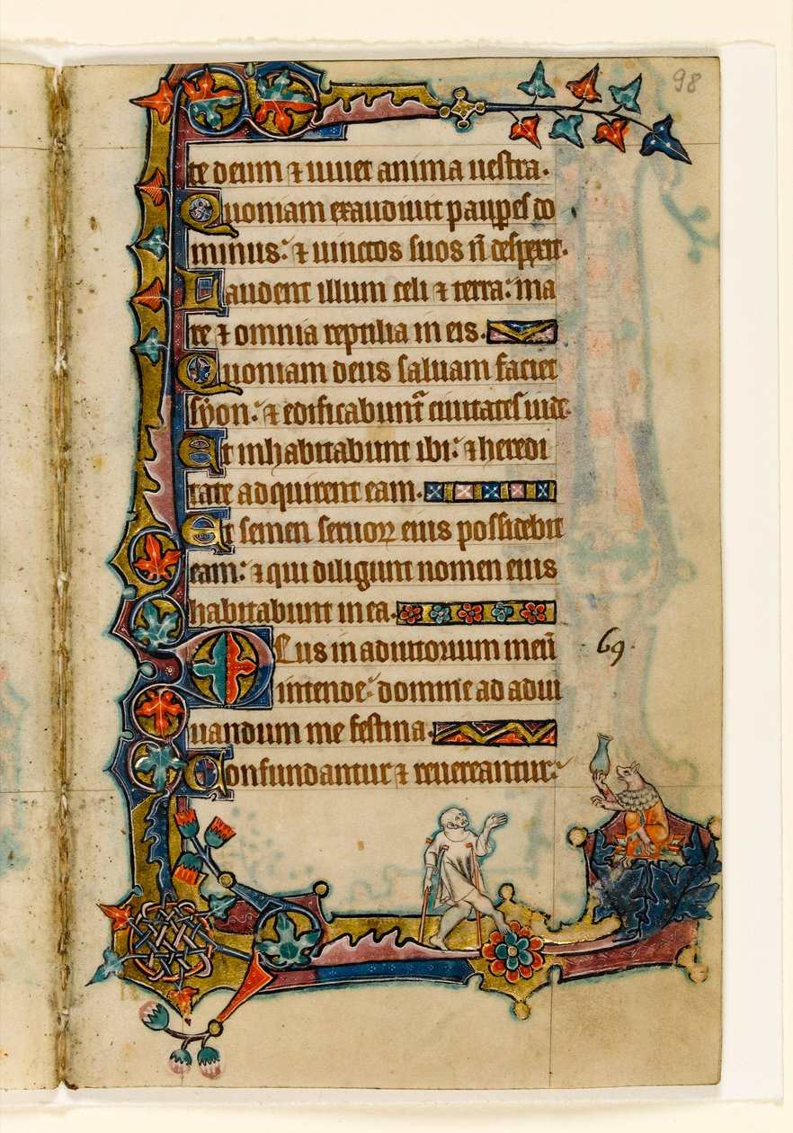 MS 1-2005, fol. 98r: Egy koldus és egy gazdag disznó (?), marginális díszítés a Macclesfield Zsoltárból, Sarum használata, East Anglia, 1330 körül alkotó: English School