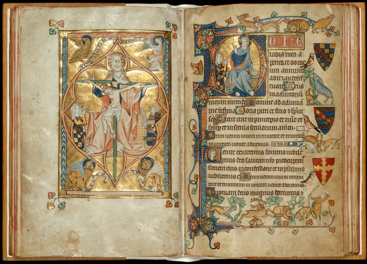 MS 242 f. 28v-29r Az irgalmasság trónja patrónusokkal, Krisztus-áldás patrónussal, 1314-30 körül (aranylevél és tempera pergamenen) alkotó: English School