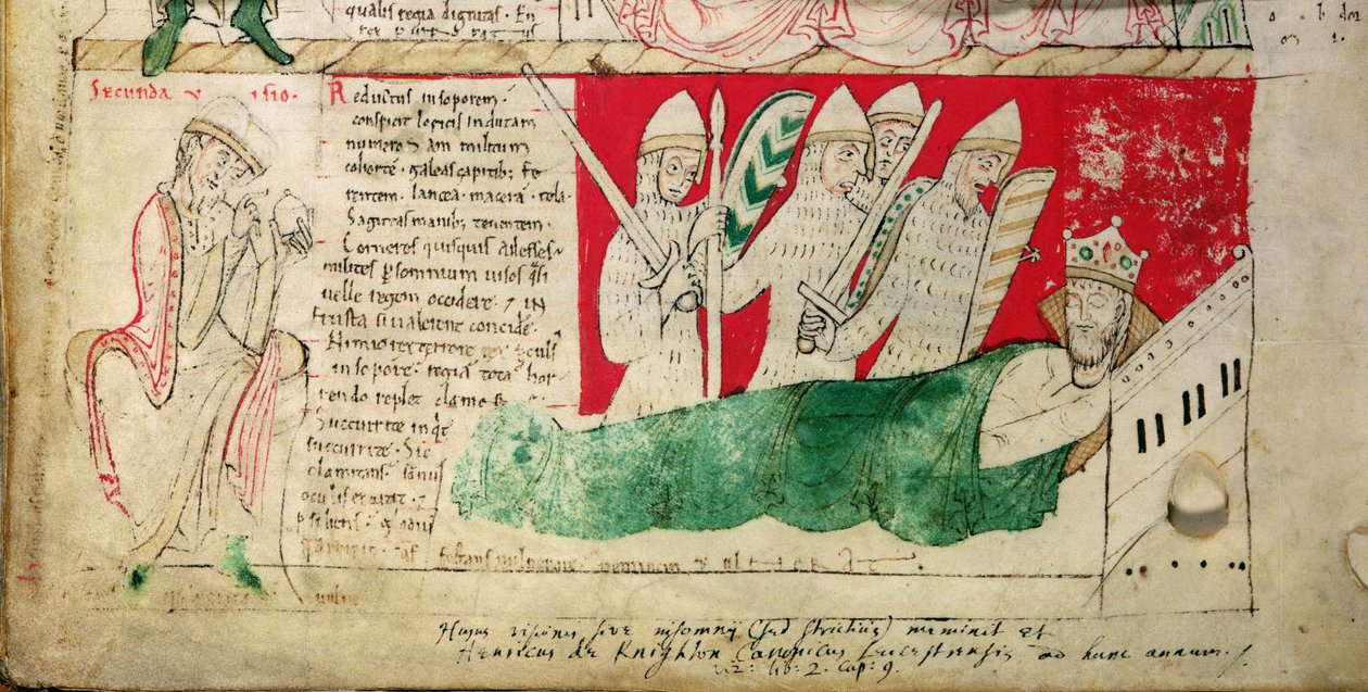 MS CCC 157 p.382 Az I. Henrik király által 1130-ban Normandiában álmodott látomások, amelyeket 1140 körül Worcesteri János illesztett be a Worcesteri Firenze (megh. 1118) által 1130-40 körül megkezdett krónikába (pergamen) (95503 részlete). alkotó: English School