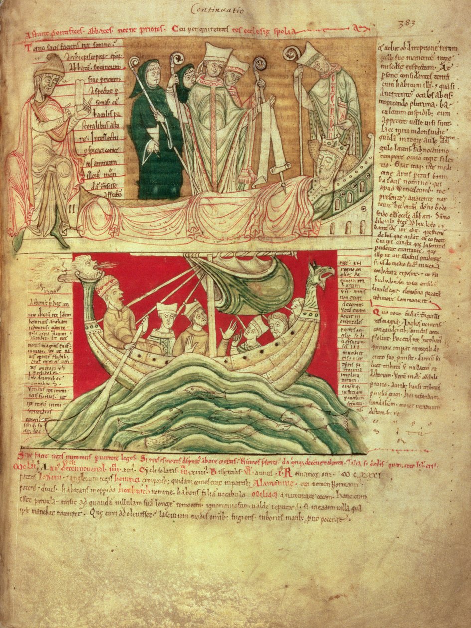 MS CCC 157 383. o. I. Henrik Normandiában 1130-ban álmodott látomásai a Worcesteri Krónikából, 1130-40 körül (vellum), amelyet Worcesteri János 1140 körül illesztett be a Worcesteri Firenze (megh.) krónikába. 1118); az egyik legkorábban fennmaradt krónikus alkotó: English School