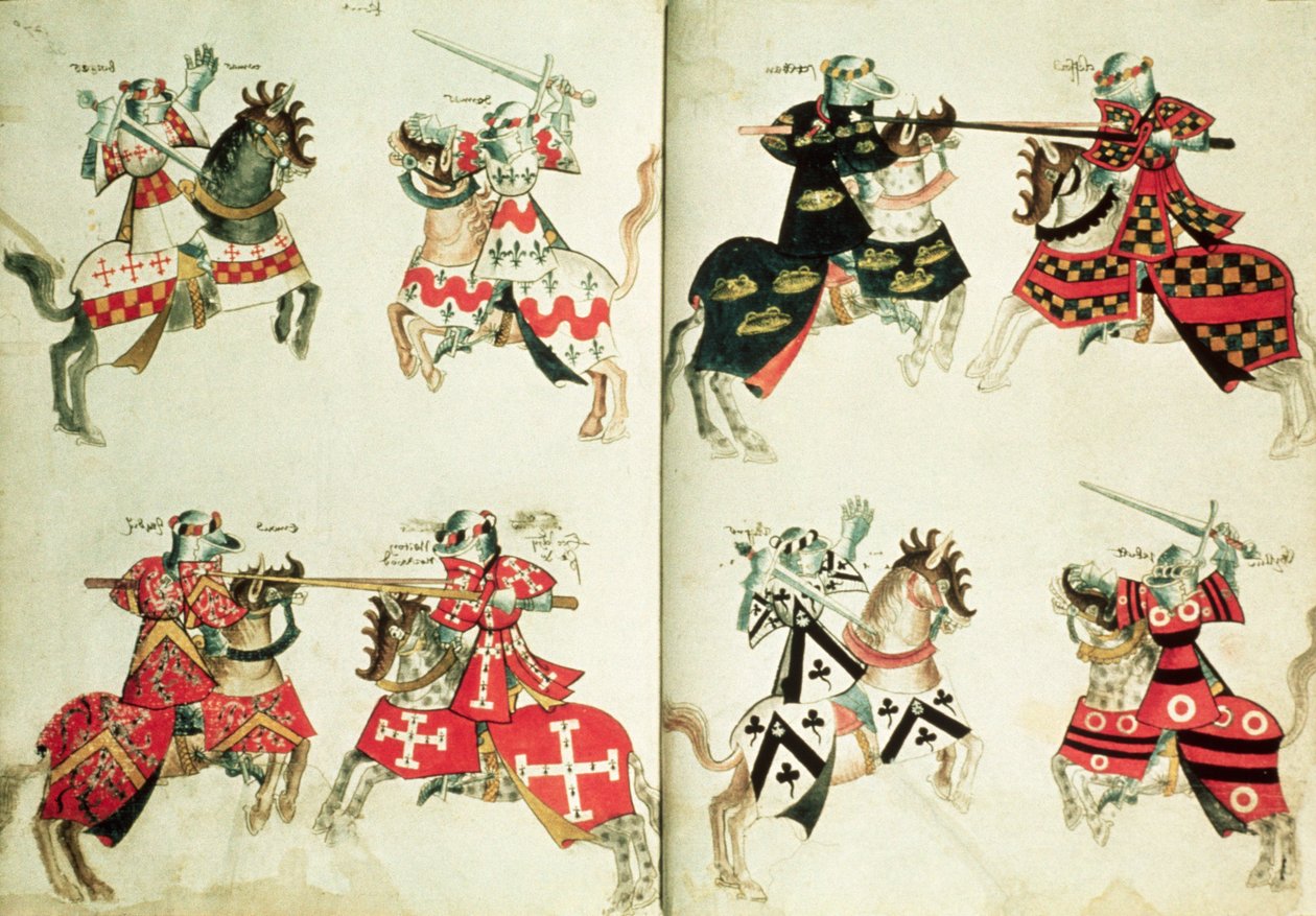 MS Harley 4205 fol.31v-32 Lovagló lovagok heraldikai emblémákkal (vellum) alkotó: English School