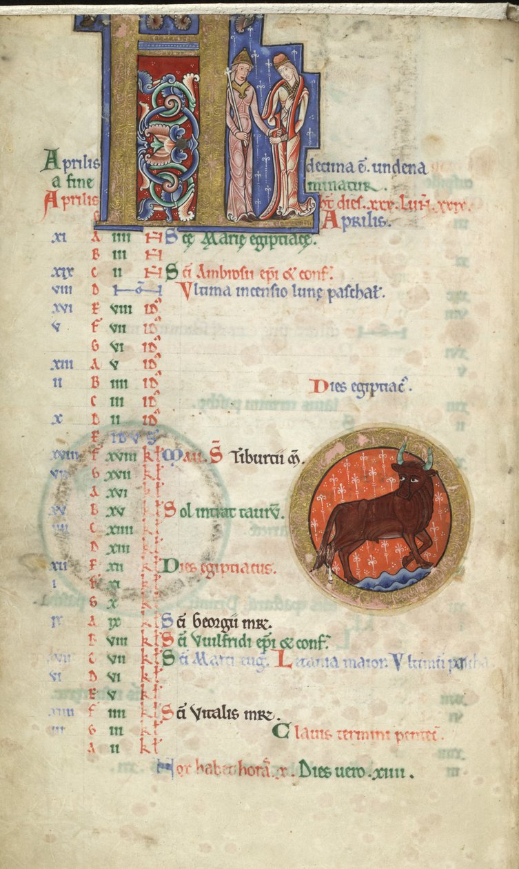 MS Hunter 229 f.2v április, a Hunterian Psalterből, 1170 körül (toll és tinta, valamint tempera pergamen) alkotó: English School