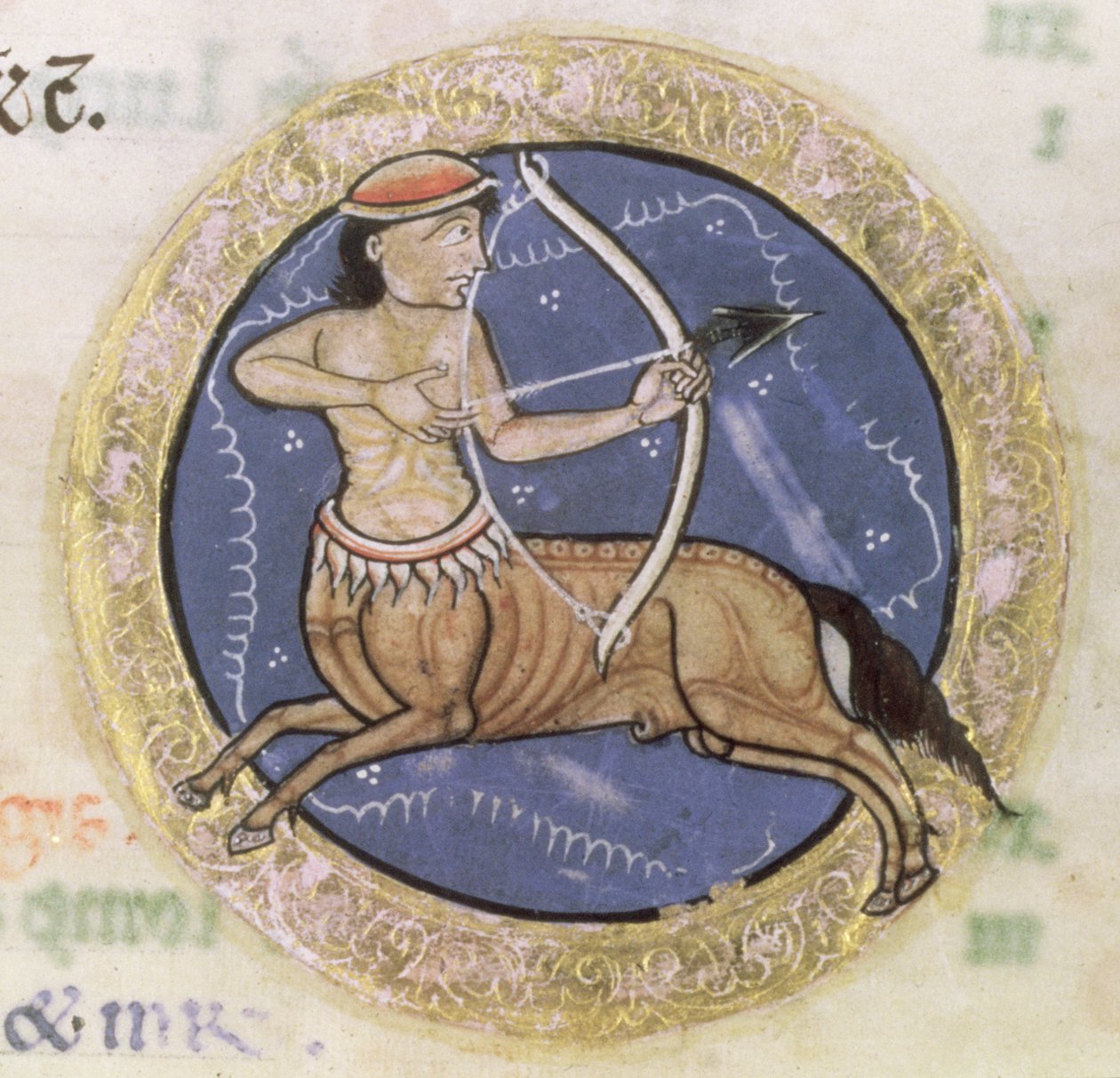 MS Hunter 229 f.6r Sagittarius, a Hunterian Psalterből, 1170 körül (toll, tinta és tempera pergamen) (részlet) alkotó: English School