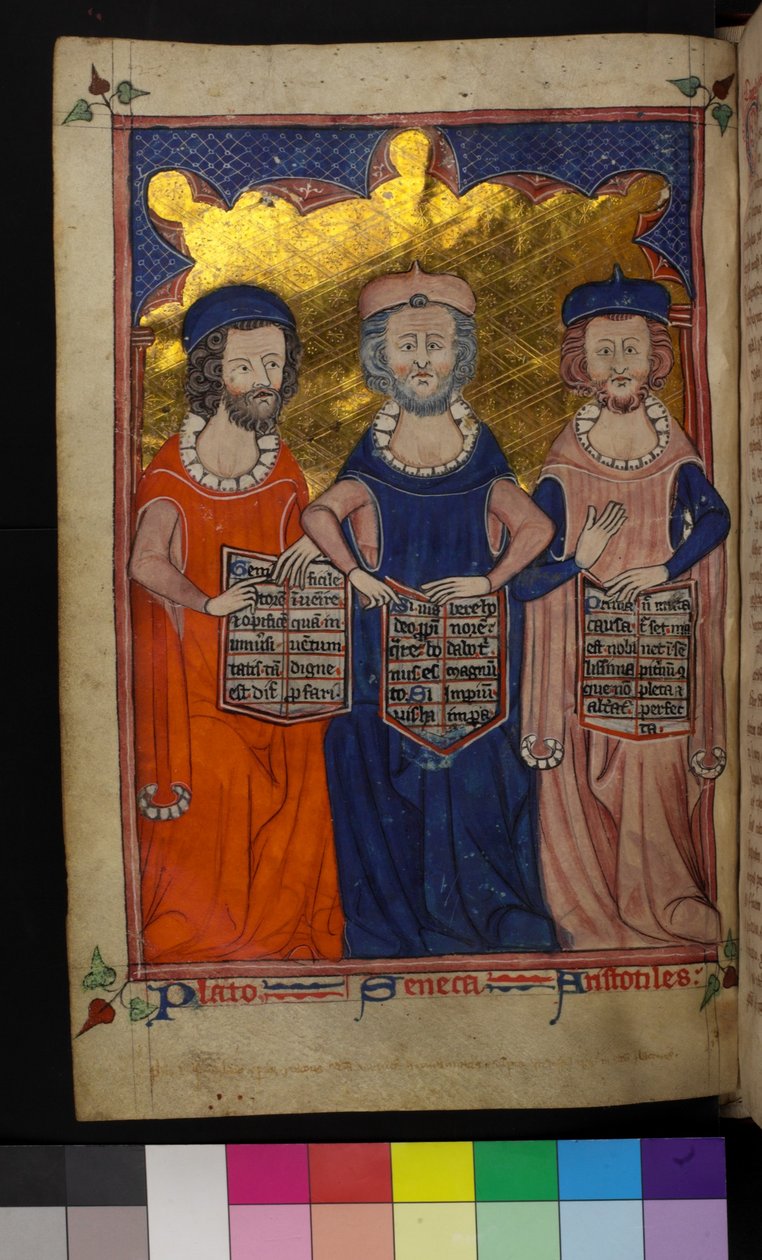 MS Hunter 231 Platón, Seneca és Arisztotelész illusztrációja (vellum) alkotó: English School