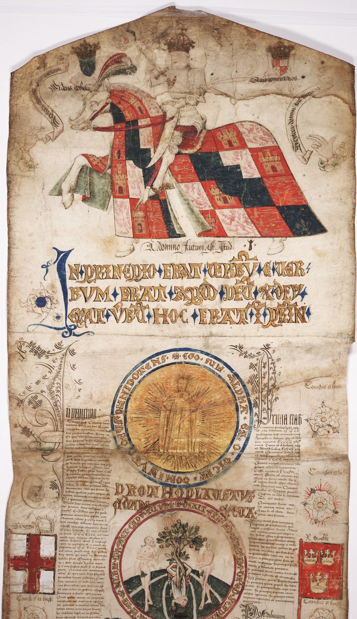 MS Lewis E 201 1. szakasz, A világ történetének krónikája a teremtéstől a fáig, IV. Edward genealógiájával, 1461 körül (toll és tinta, tempera és arany pergamen) alkotó: English School