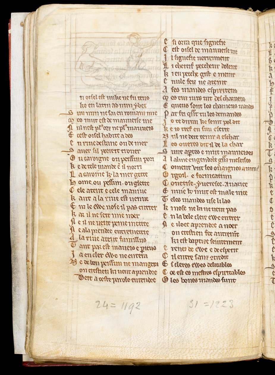 MS McClean 123 f.40v Alárajzolás miniatűrhöz, amely egy vadászt ábrázol, amint egy szűz ölében meztelenül fekvő egyszarvút fog el, The Nuneaton Book, 1280-1300 körül (tintával pergamenre) alkotó: English School