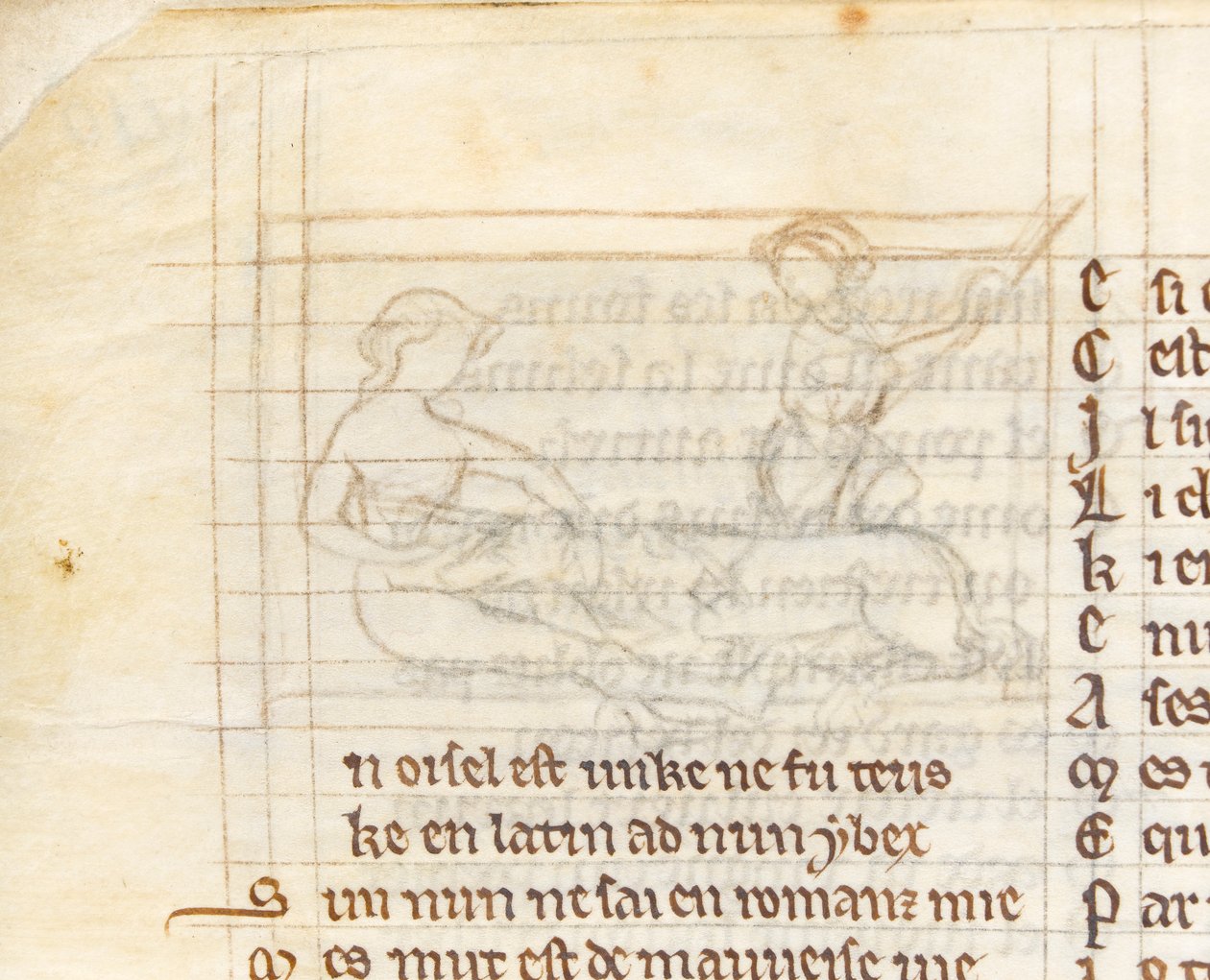 MS McClean 123 f.40v Alárajzolás miniatűrhöz, amely egy vadászt egy szűz ölében meztelenül fekvő egyszarvú elkapását ábrázolja, a 