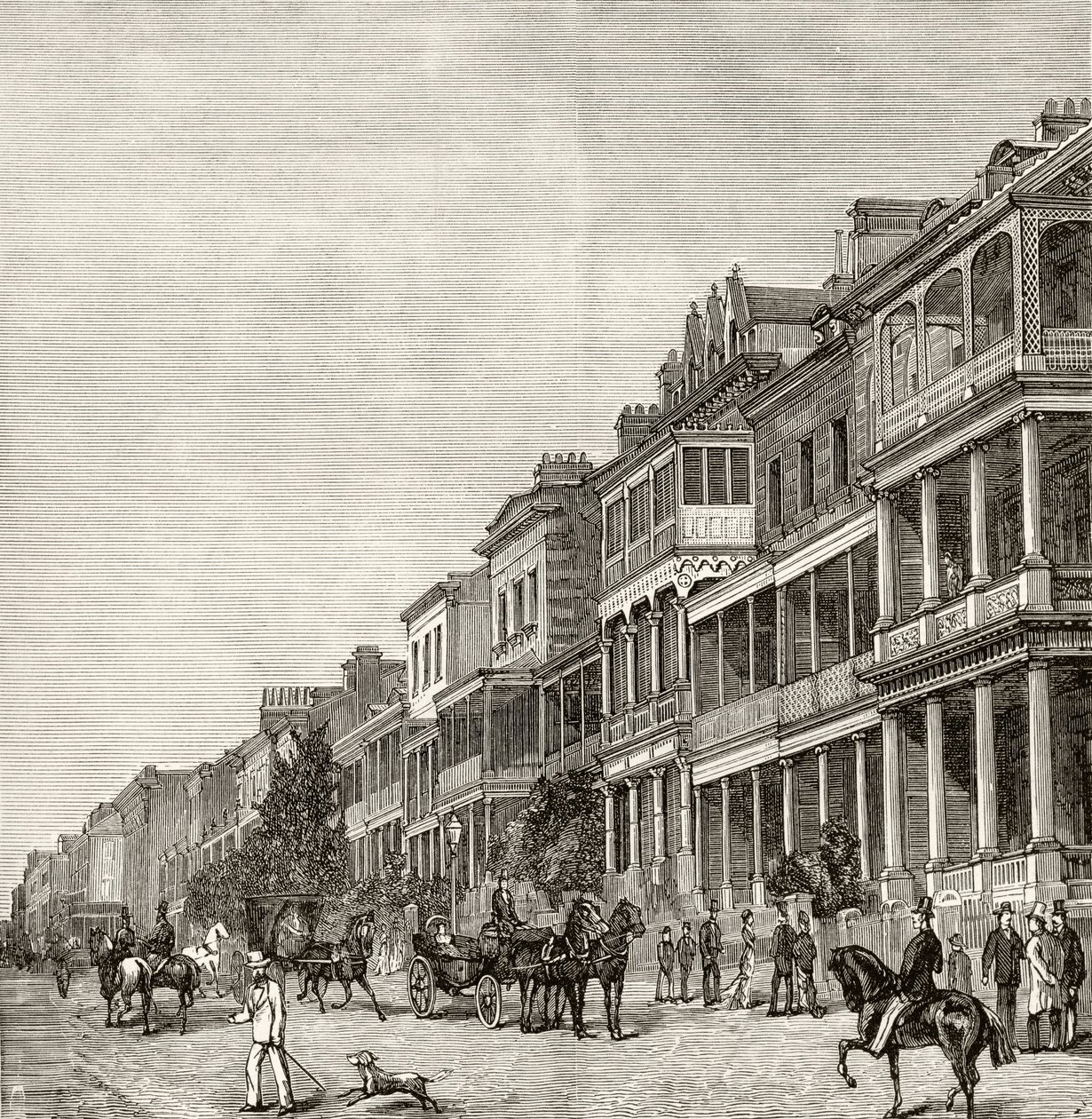 Macquarie Street, Sydney, 1880 körül, Howard Willoughby „Australian Pictures” című művéből, a Religious Tract Society, London, 1886 alkotó: English School