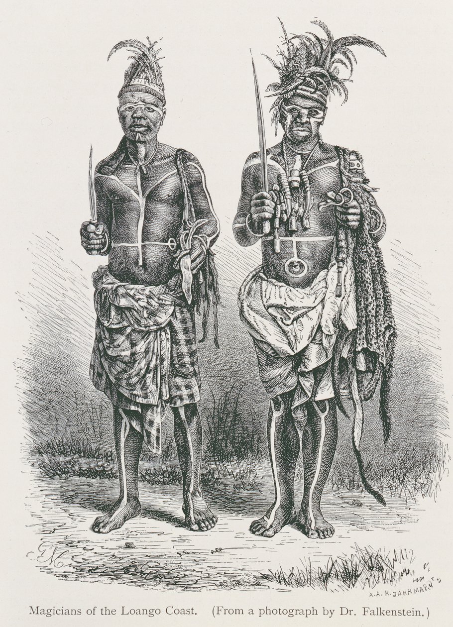 A Loango partvidék mágusai, Dr. Falkenstein fotójáról metszve, Friedrich Rayzel professzor "Az emberiség története" 1. kötetéből, 1896. alkotó: English School