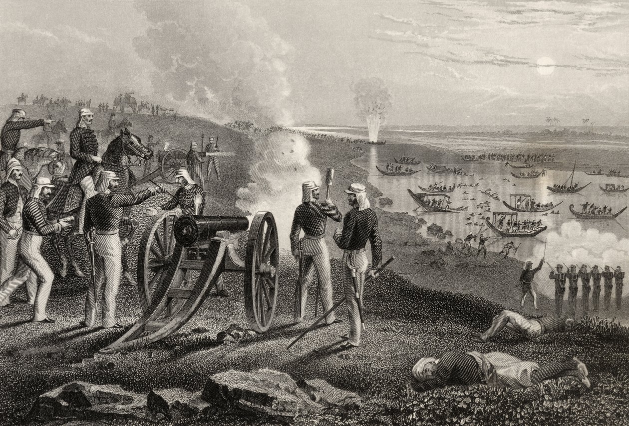 Eyre őrnagy, aki 1857-ben űzte az Oude lázadókat Allahabadból, az 1858-ban megjelent „Az indiai lázadás története” című könyvéből alkotó: English School