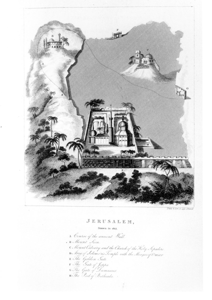 Jeruzsálem főbb tereptárgyai az evangéliumi történetből, a Levelek Palesztinából, Jolliffe: Galileai és Júdeai körút leírása, 1819. alkotó: English School