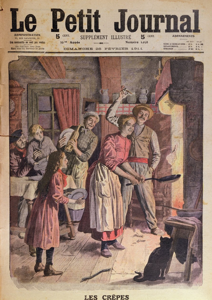 Palacsinta készítés, illusztráció a Le Petit Journalból, 1911. február 26 alkotó: English School