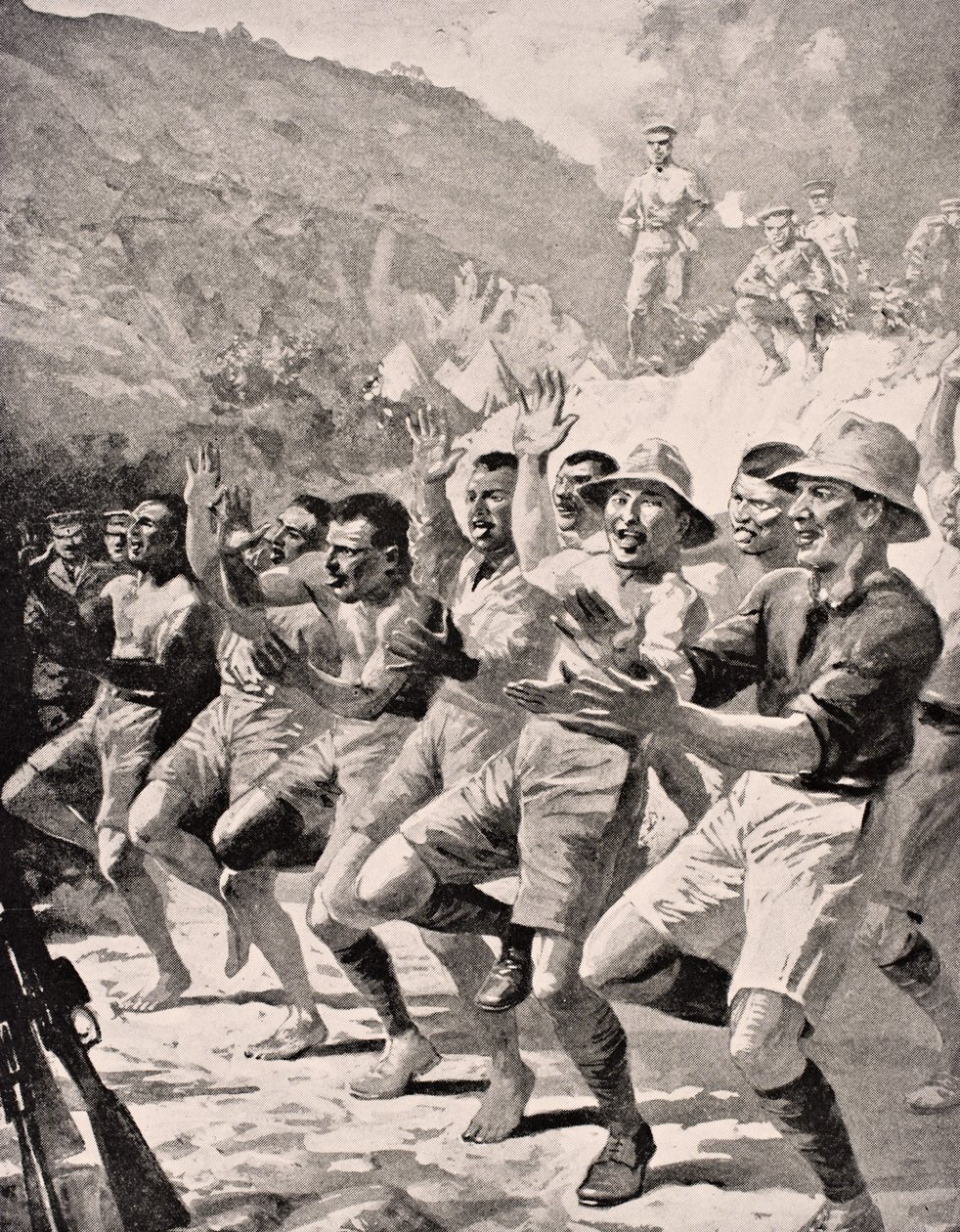 Maori katonák Hakát adnak elő a törökországi Gallipoli-félszigeten lévő Gaba Tepe-ben 1915-ben, az 1916-ban Londonban megjelent „The War Illustrated Album deLuxe”-ból. alkotó: English School