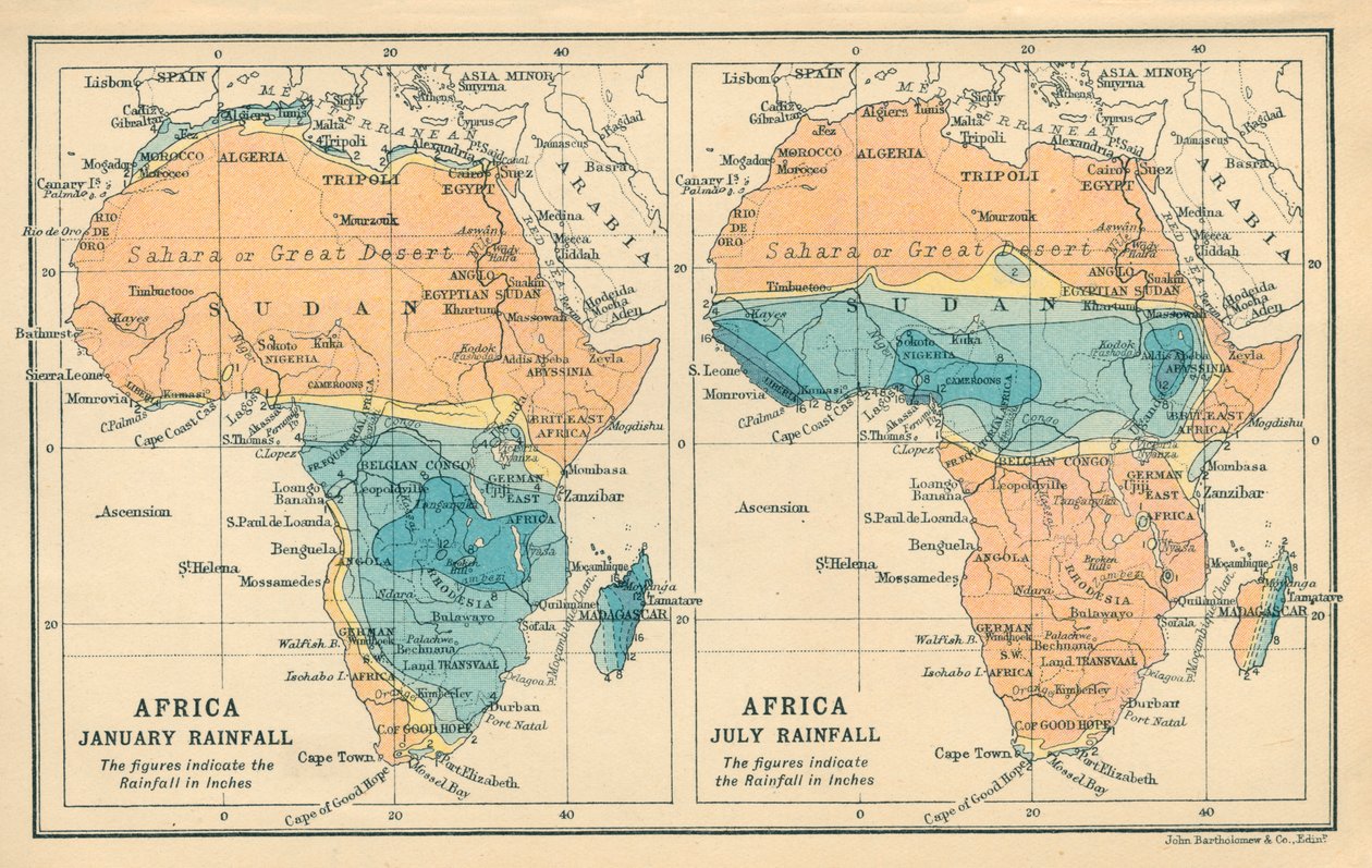Térkép: Afrika, januári csapadékmennyiség, júliusi csapadékmennyiség (színes litográfia) alkotó: English School