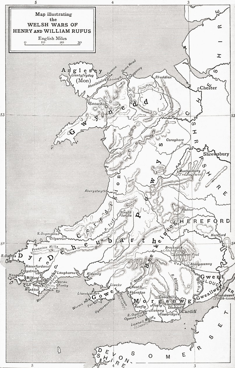 William Rufus és I. Henrik walesi háborúit illusztráló térkép, J. R. Green „Az angol nép rövid története” című művéből, 1893. alkotó: English School