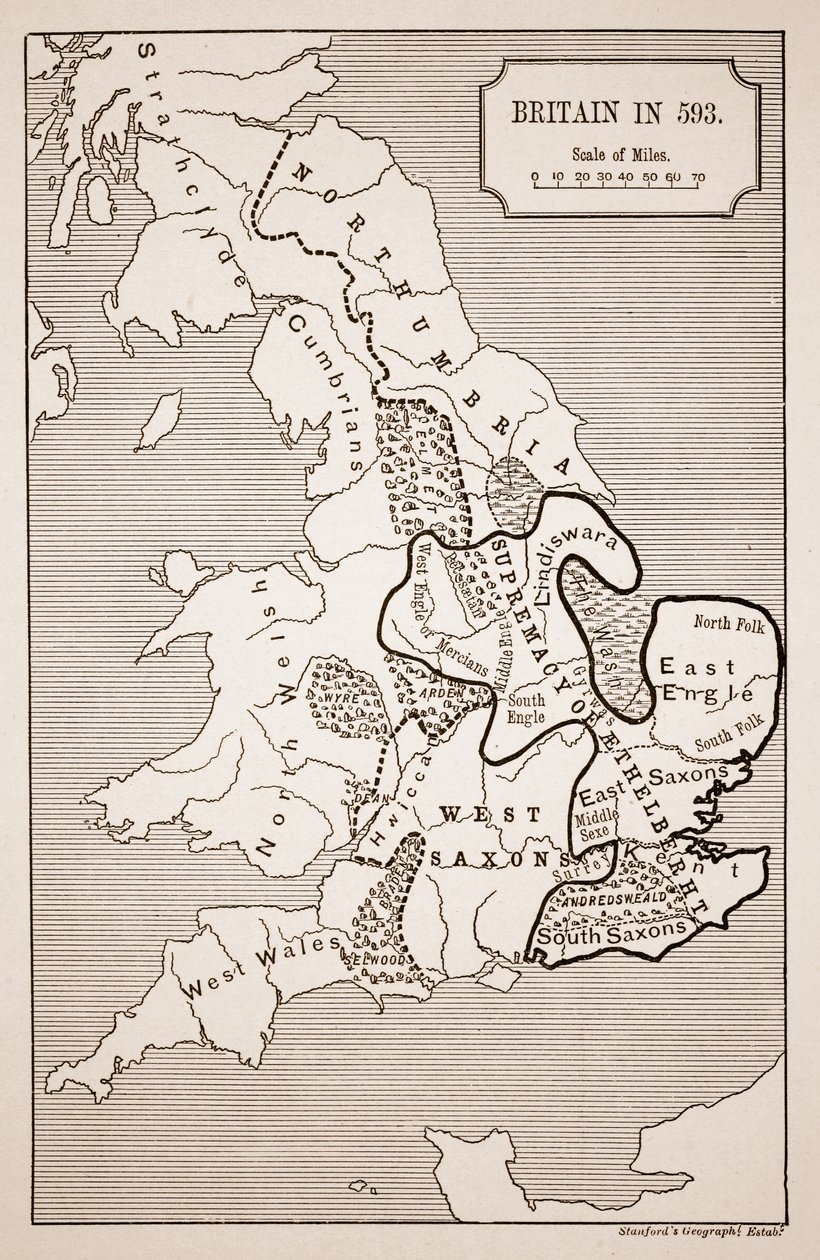Nagy-Britannia térképe 593-ban, a Stanfords Geographical Establishment nyomtatta alkotó: English School